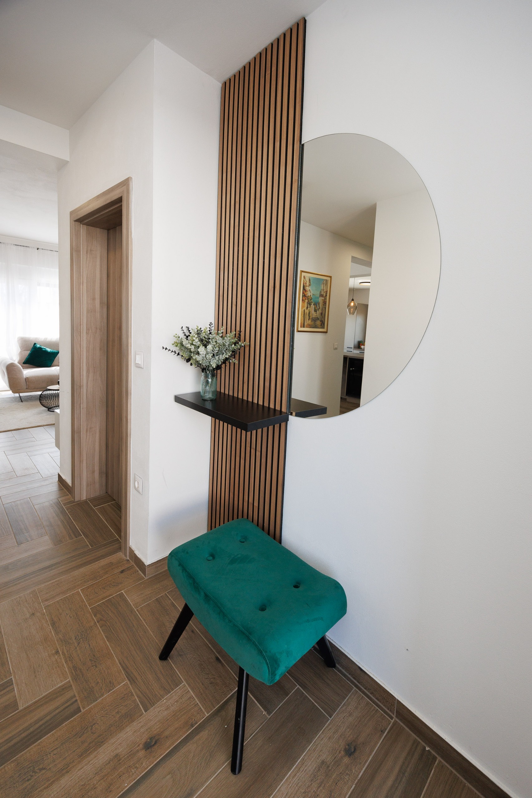 Entry mirror and wood slats