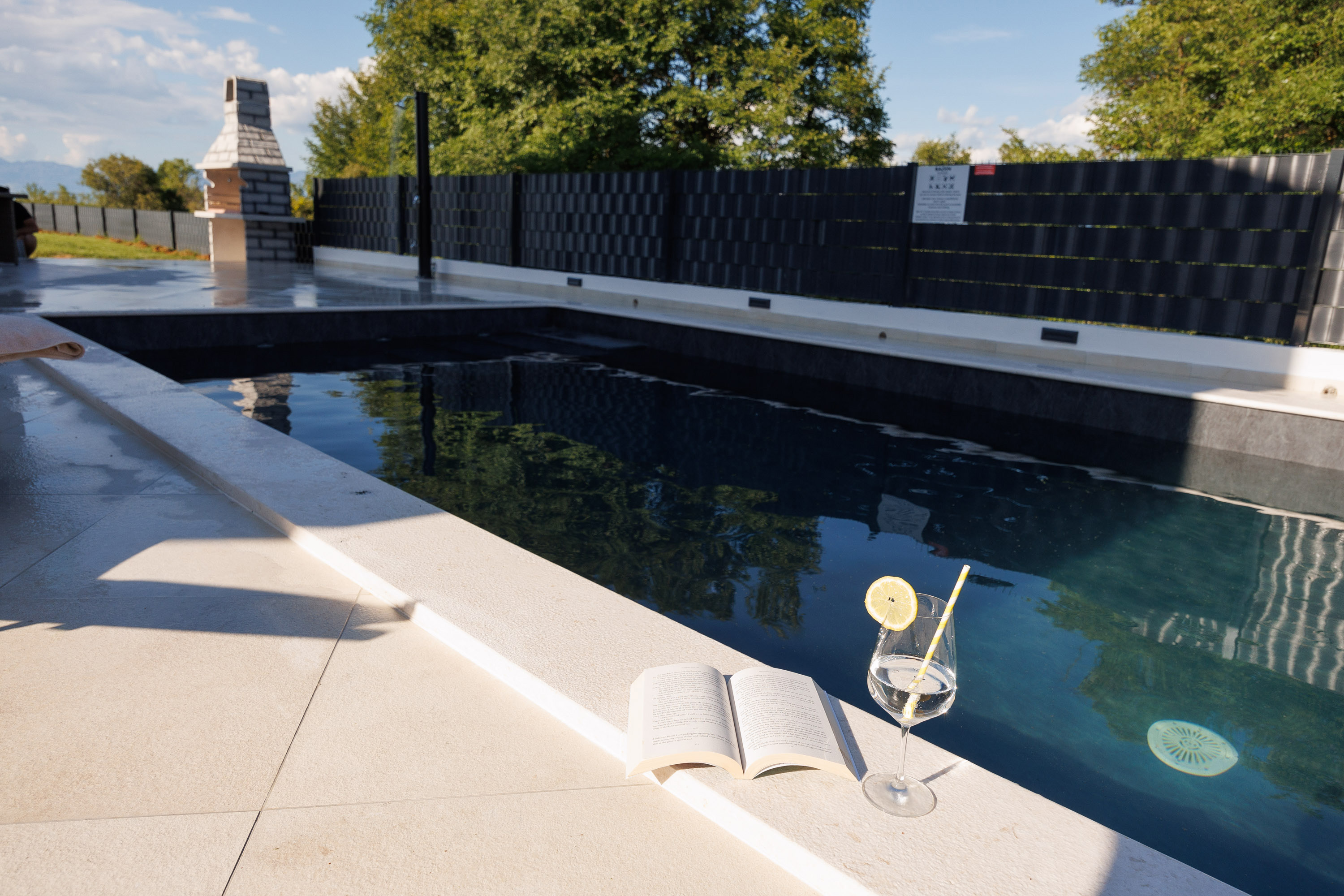 Book and cocktail at pool edge
