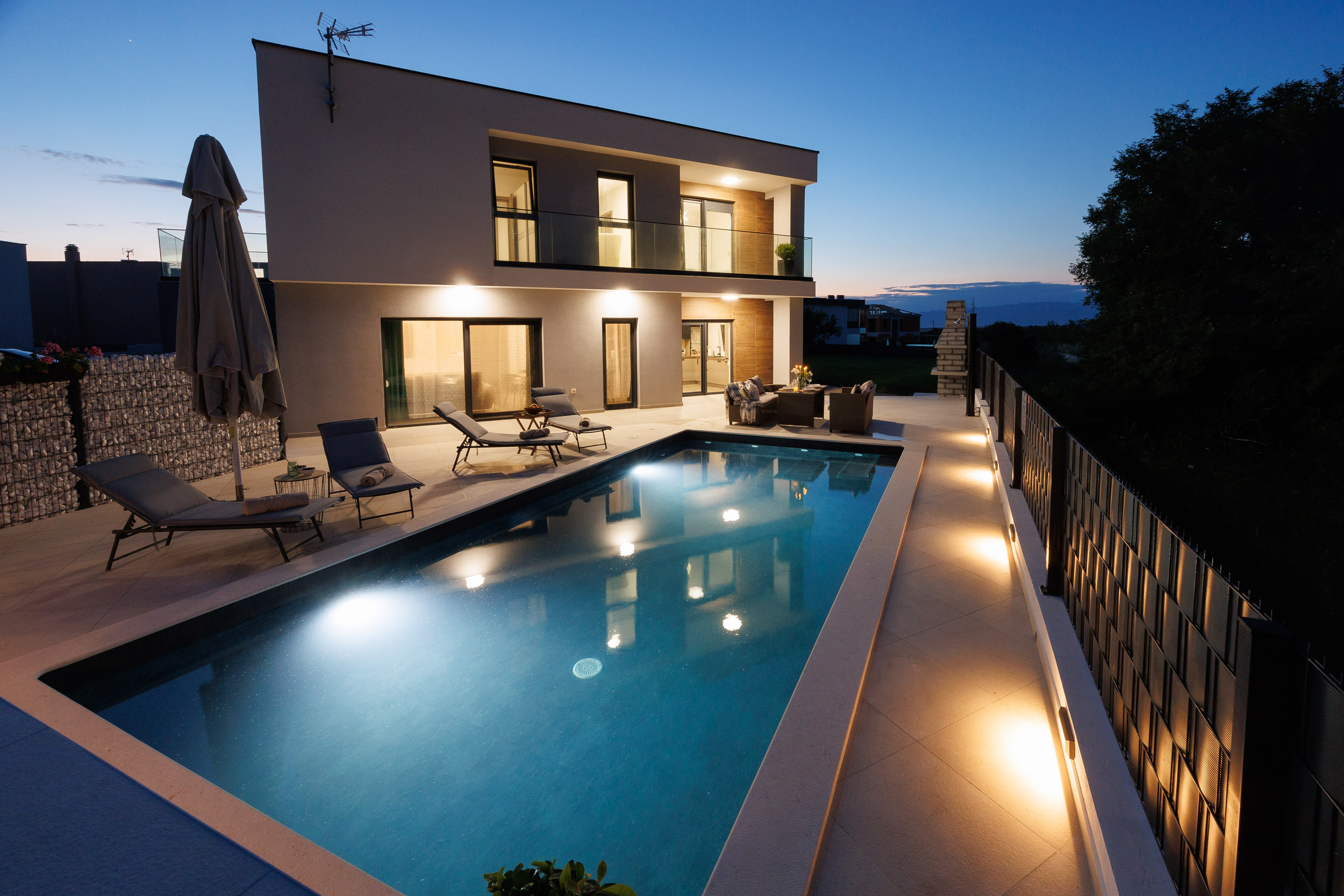 Pool deck at twilight