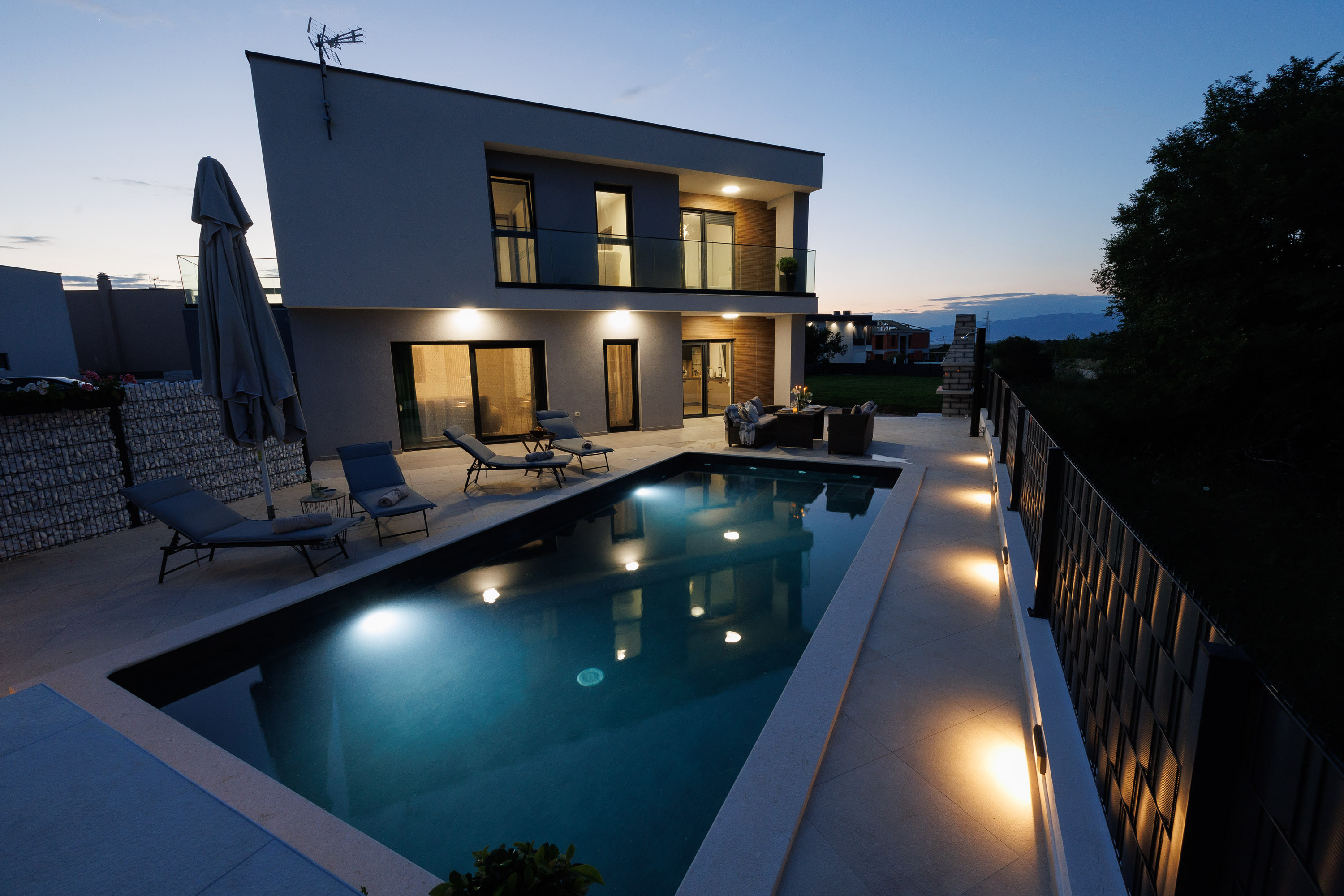 Villa facade at dusk
